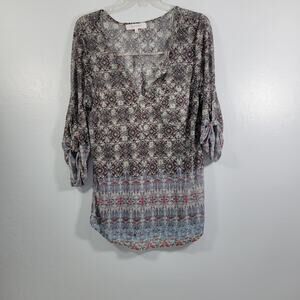 Eden & Olivia Geometric Print Shear Boho Blouse Size L 6322-0529